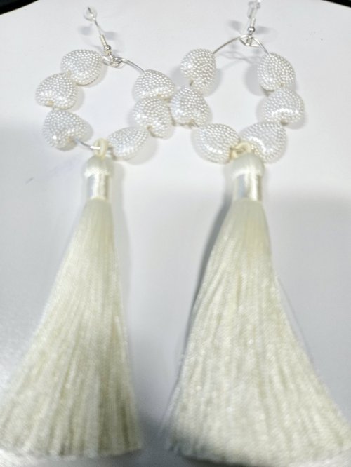 White Heart with Tassel Earrings 